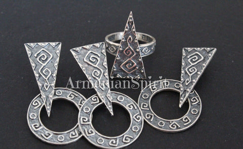 SET Silver 925 earrings ring pendant bracelet Ethnic Geometric