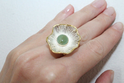 Flower Jade ring green Sterling SILVER 925 gold plated