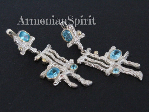 Earrings Blue zircon Sterling SILVER 925 gold plated