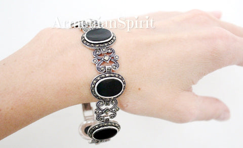 Vintage style bracelet Natural black onyx small ovals SILVER 925