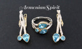 Jewelry set Gold and silver 925 Blue zircons Herbal ornament