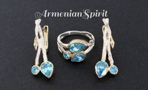 Jewelry set Gold and silver 925 Blue zircons Herbal ornament