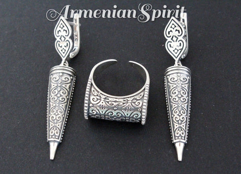 Set dome ring and Earrings long traditional SILVER 925