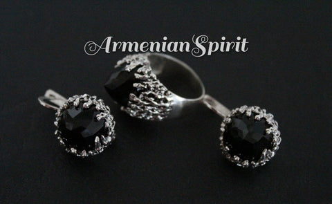 Black Earrings ring  Onyx Sterling silver 925