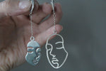 Art earrings Faces man woman Long on chains Sterling silver 925