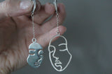 Art earrings Faces man woman Long on chains Sterling silver 925