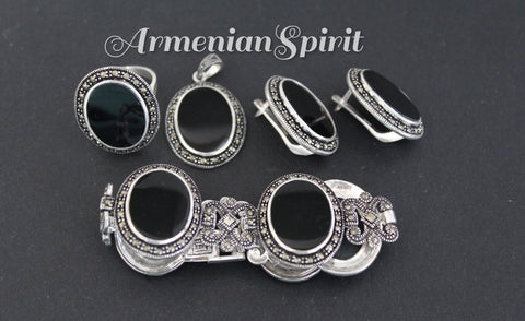 Jewelry Set Earrings ring pendant bracelet Natural black onyx SILVER 925