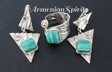 Malachite gemstone earrings and ring SET silver 925