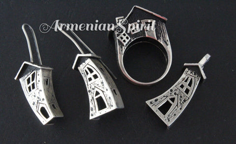 House hooked earrings ring and pendant Sterling silver 925