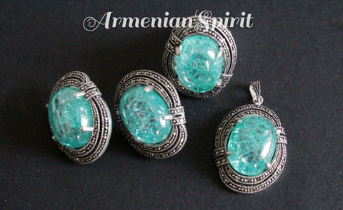 Sterling silver 925 earrings pendant ring  Green stone lab created