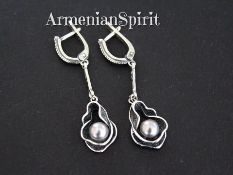 Black pearl Earrings 925 Silver Jewelry handmade