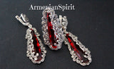 Earrings and ring 925 Silver SET Big red topaz stones Marcasite