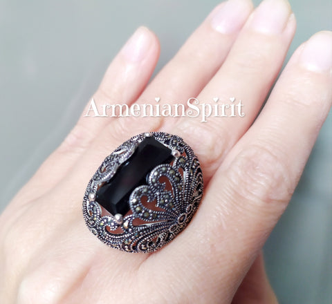 Dome ring Marcasite jewelry black onyx stone  STERLING 925