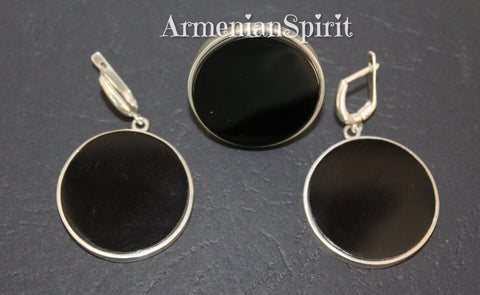 Very big round earrings and ring Sterling silver 925 and black onyx