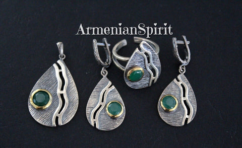 Sterling silver 925 SET Earrings ring pendant natural jade gemstone green