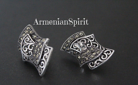 Vintage inspired small earrings marcasite SILVER 925 Armenian jewelry