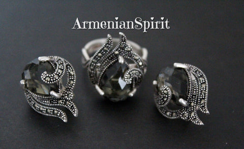 Small earrings and ring sterling silver 925 brown topaz