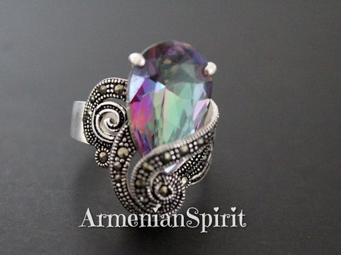 Women ring Jewelry rainbow topaz Sterling silver 925 marcasite