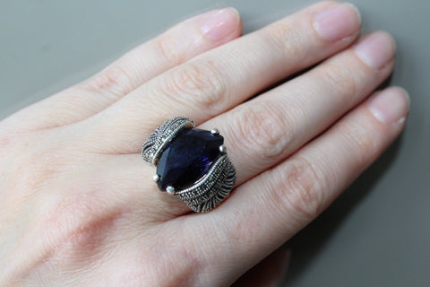 Navy blue topaz ring Silver 925 Small ring marcasite C
