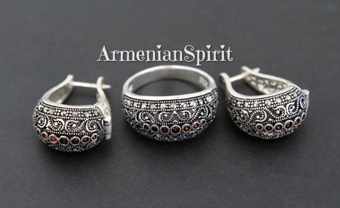 Jewelry set ring and earrings Sterling silver 925 with marcasites and orange zircon