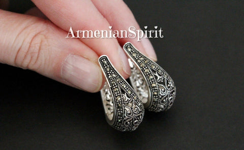 Earrings Sterling silver 925 with marcasites and orange zircon stones