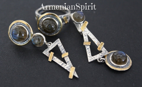 Earrings and ring Blue gray labradorite Sterling SILVER 925 gold plated details