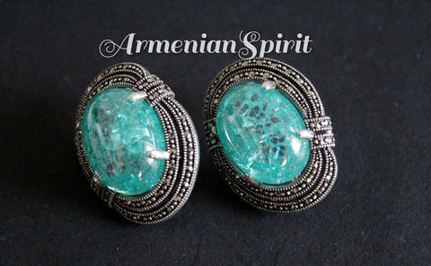 Earrings Sterling silver 925 Green transparent stone lab created