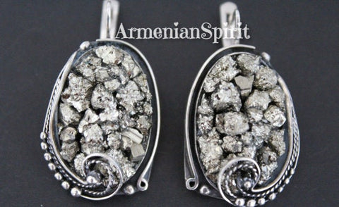 Earrings Silver 925 Natural Pyrit golden druzy jewelry