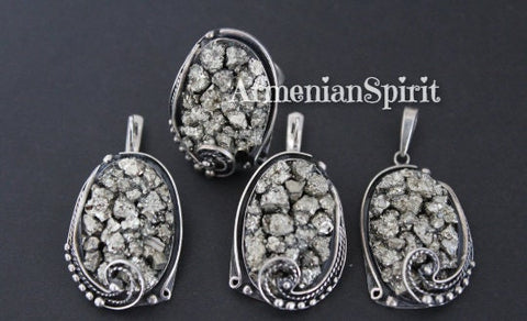 Earrings ring pendant Silver 925 Natural Pyrit golden druzy