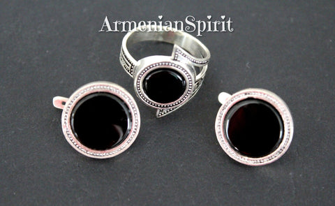 Vintage style set ring and earrings black onyx SILVER 925