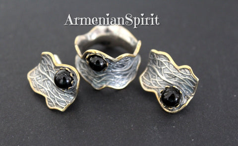 Set ring and earrings black onyx SILVER 925 gold plated