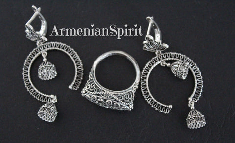 Armenian jewelry Earrings ring Sterling silver 925 filigree jewelry with bells
