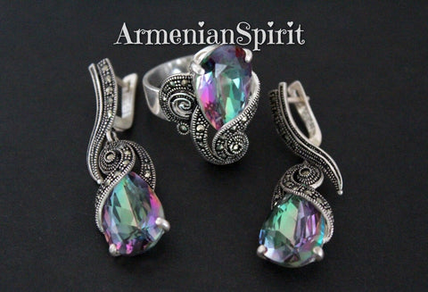 Rainbow topaz Earrings and ring Sterling silver 925 marcasite