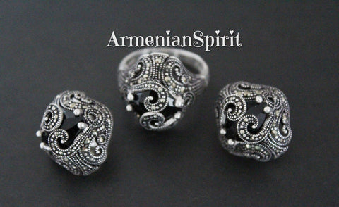Small earrings and ring sterling silver 925 black onyx Armenian jewelry