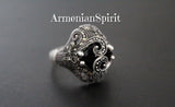 Small earrings and ring sterling silver 925 black onyx Armenian jewelry
