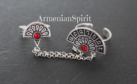 Armenian alphabet Double ring red stones Silver 925 Adjustable