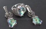 Rainbow topaz sterling silver 925 earrings ring Marcasite