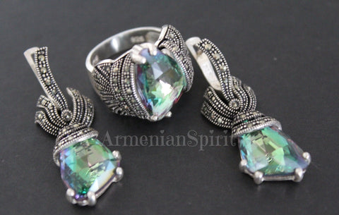 Rainbow topaz sterling silver 925 earrings ring Marcasite