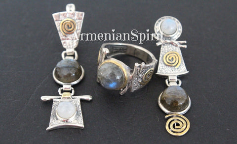 Earrings and ring labradorite moonstone SILVER 925