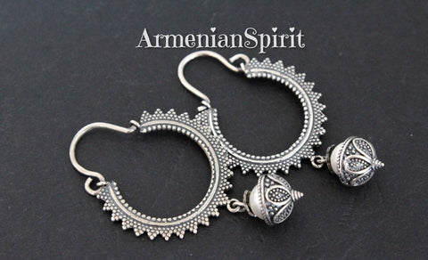 Earrings SILVER 925 long dangle with white pearl Ethnic jewelry