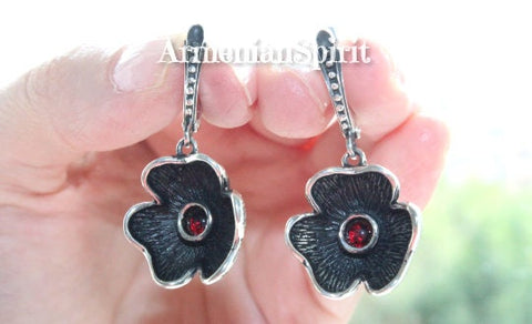 Sterling silver 925 earrings small flowers Red garnet stone