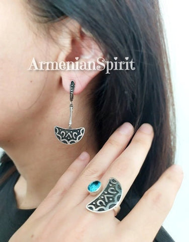 Semi circle earrings silver 925 women jewelry Oxidized black