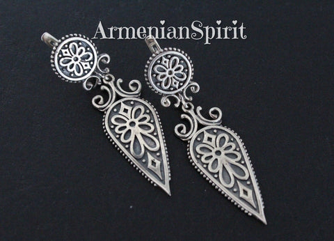 Armenian earrings SILVER 925 long dangle with English closure Ethnic jewelry