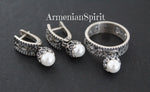 Small set White Pearl earrings and ring engagement white pearl Sterling silver 925