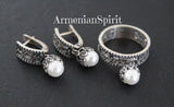 Small set White Pearl earrings and ring engagement white pearl Sterling silver 925