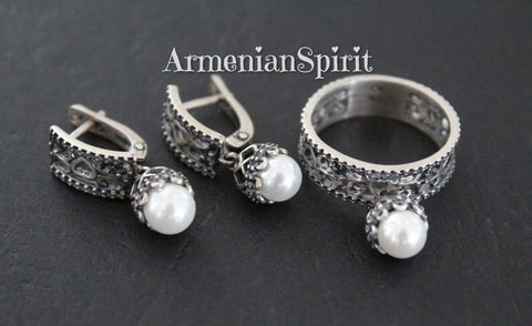 Small set White Pearl earrings and ring engagement white pearl Sterling silver 925