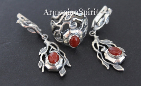 Carnelian natural SET Silver 925 Long Earrings and ring