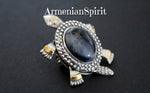 Tortoise brooch Sterling silver Labradorite blue gem turtle