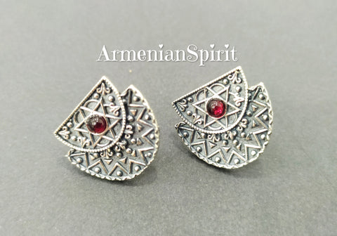 Earrings lightweight Sterling silver studs red stone Armenian