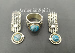 Earrings and ring with ethnic pattern Silver 925 natural light blue chrysocolla
